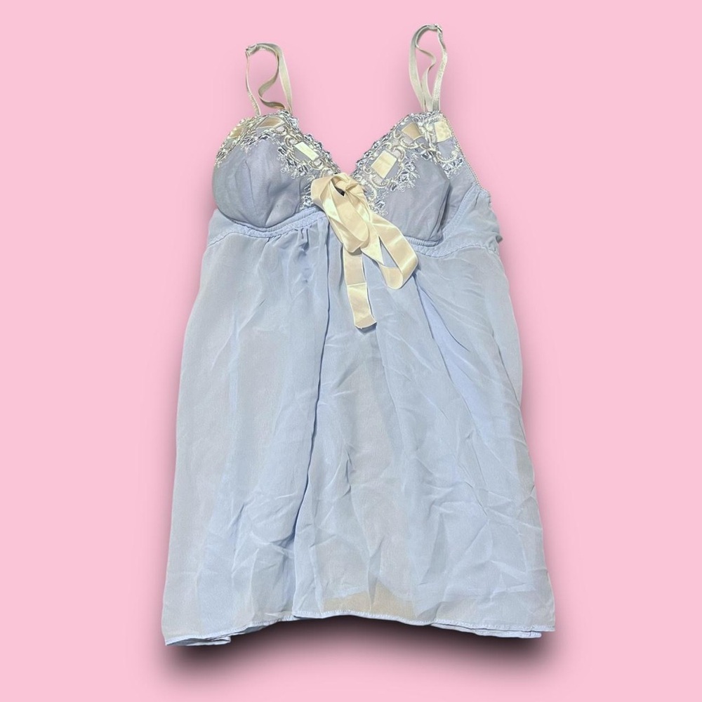 Y2K Blue Babydoll Mini Slip Dress Nightie Size XL Coquette Fairycore Bow Detail